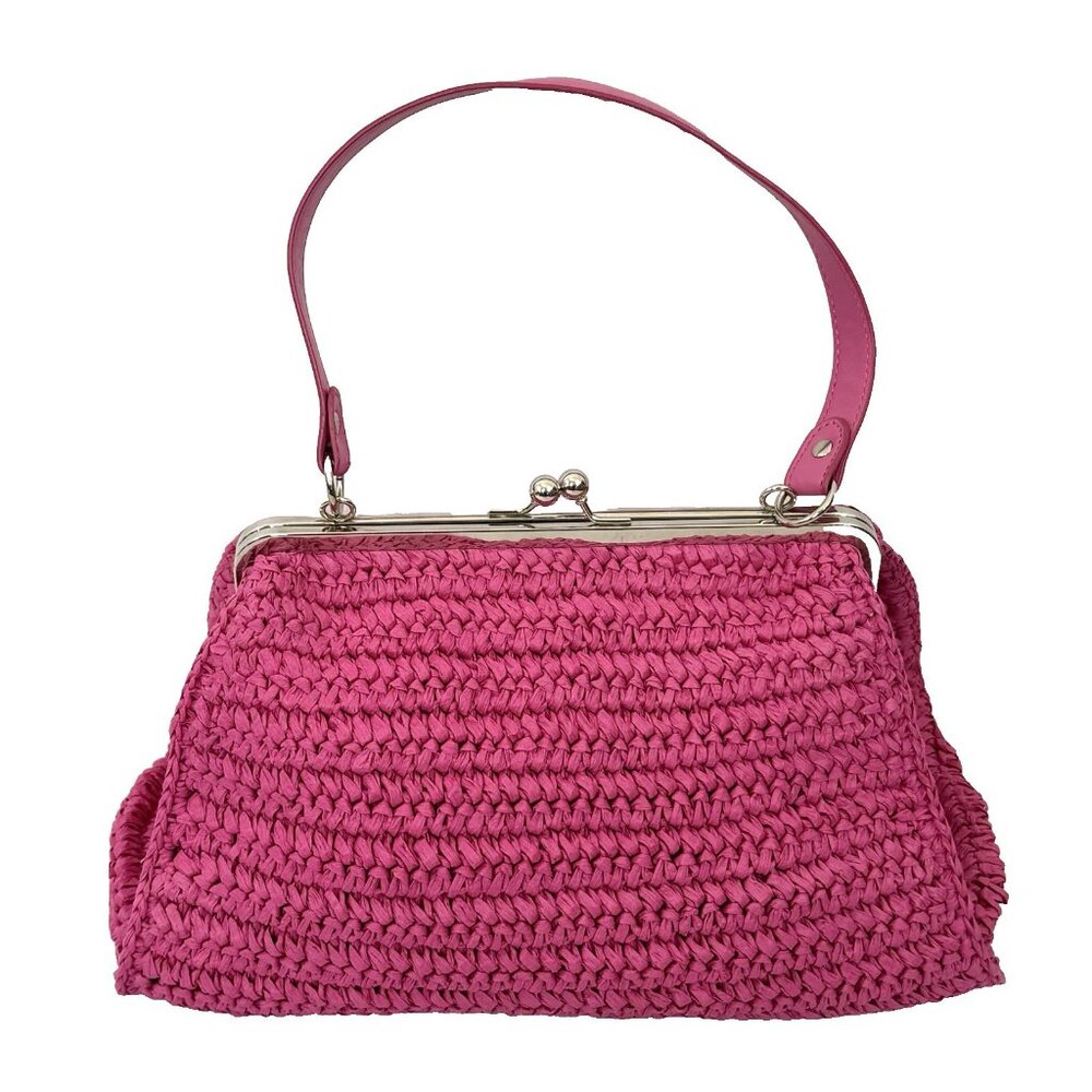 HOT KISS Raffia Handbag Clutch Purse Hinged Closure Bright Pink 12 x 7